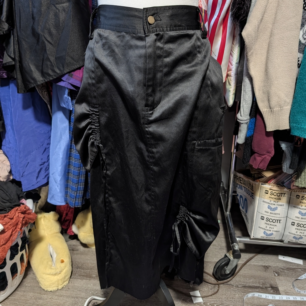 Black Satin Cargo Skirt with Ruched Details And Distressing